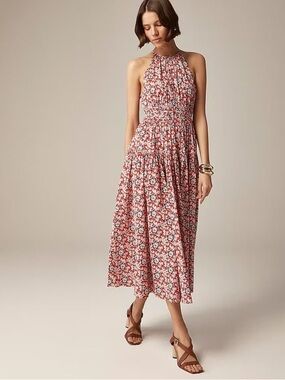 J.Crew Women’s Tie-Waist Halter Midi Dress in Red Floral, Size Medium